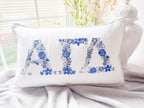 Custom Embroidered Floral Greek Letter White Linen Pillows