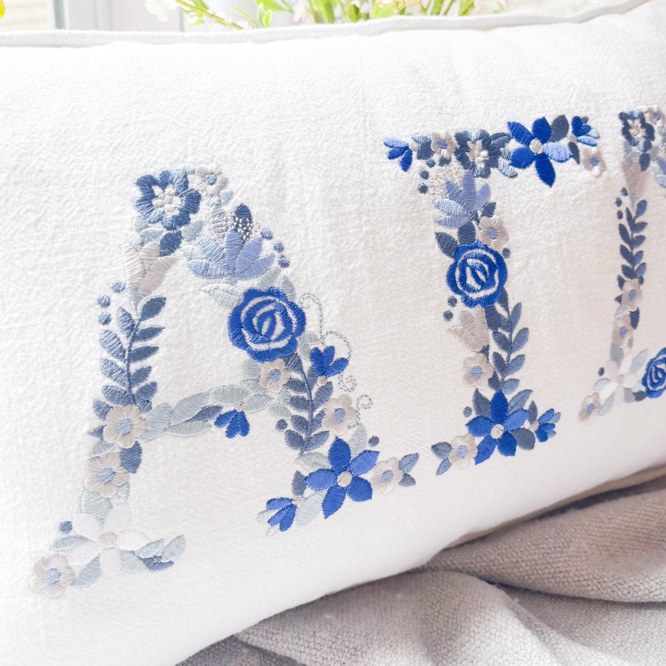 Custom Embroidered Floral Greek Letter White Linen Pillows
