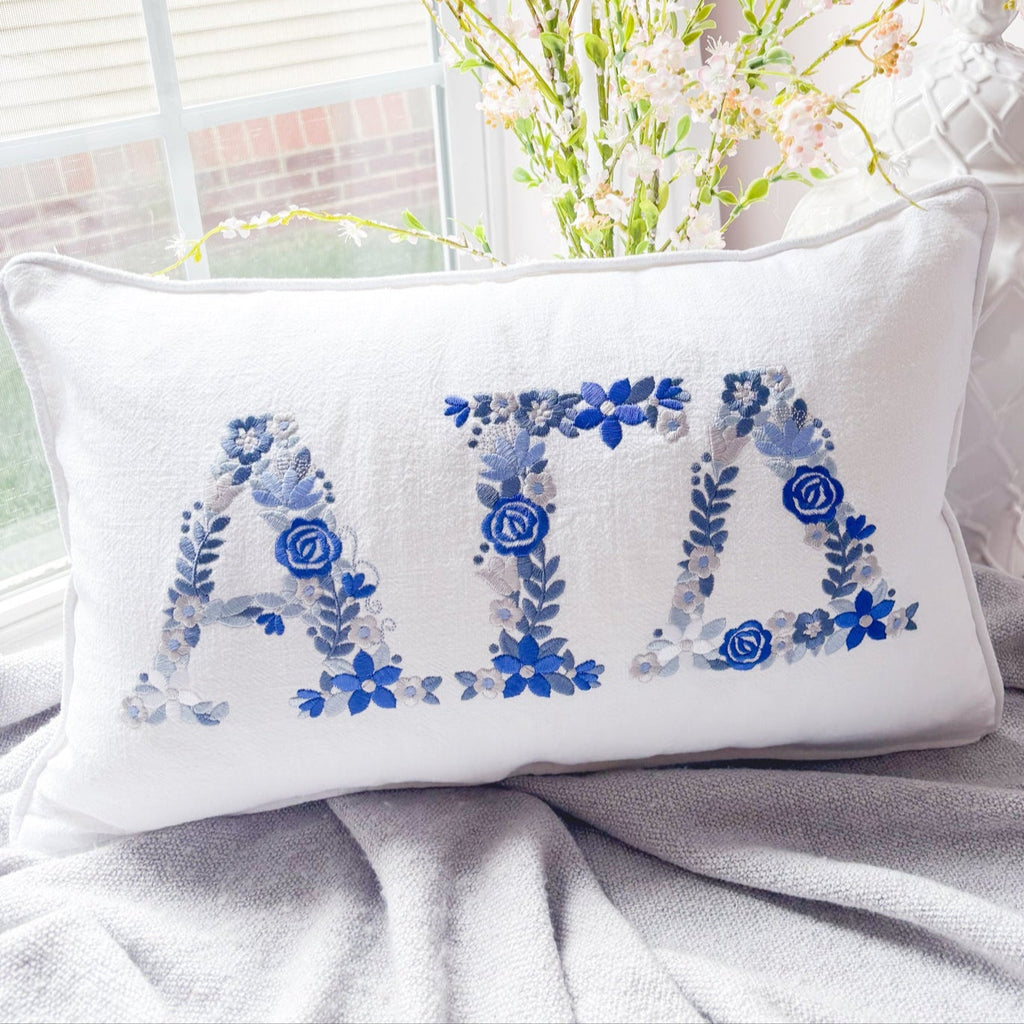 Custom Embroidered Floral Greek Letter White Linen Pillows