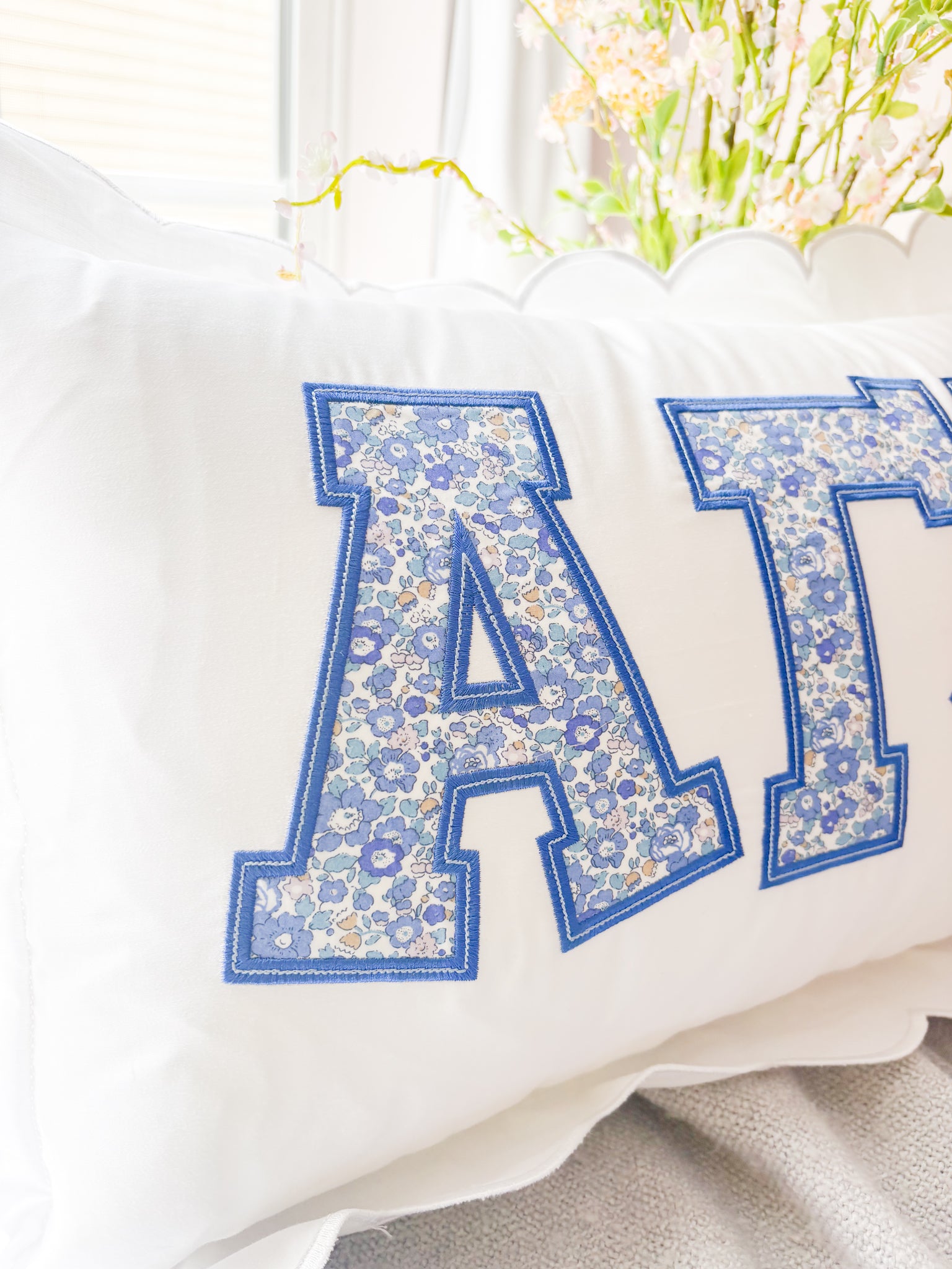 Betsy Blue Floral Greek Applique Scalloped Pillow