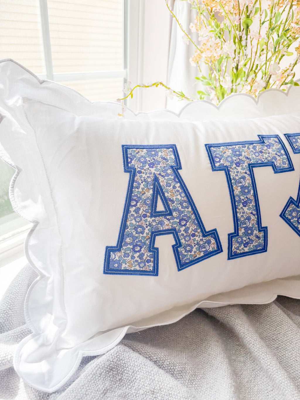 Betsy Blue Floral Greek Applique Scalloped Pillow