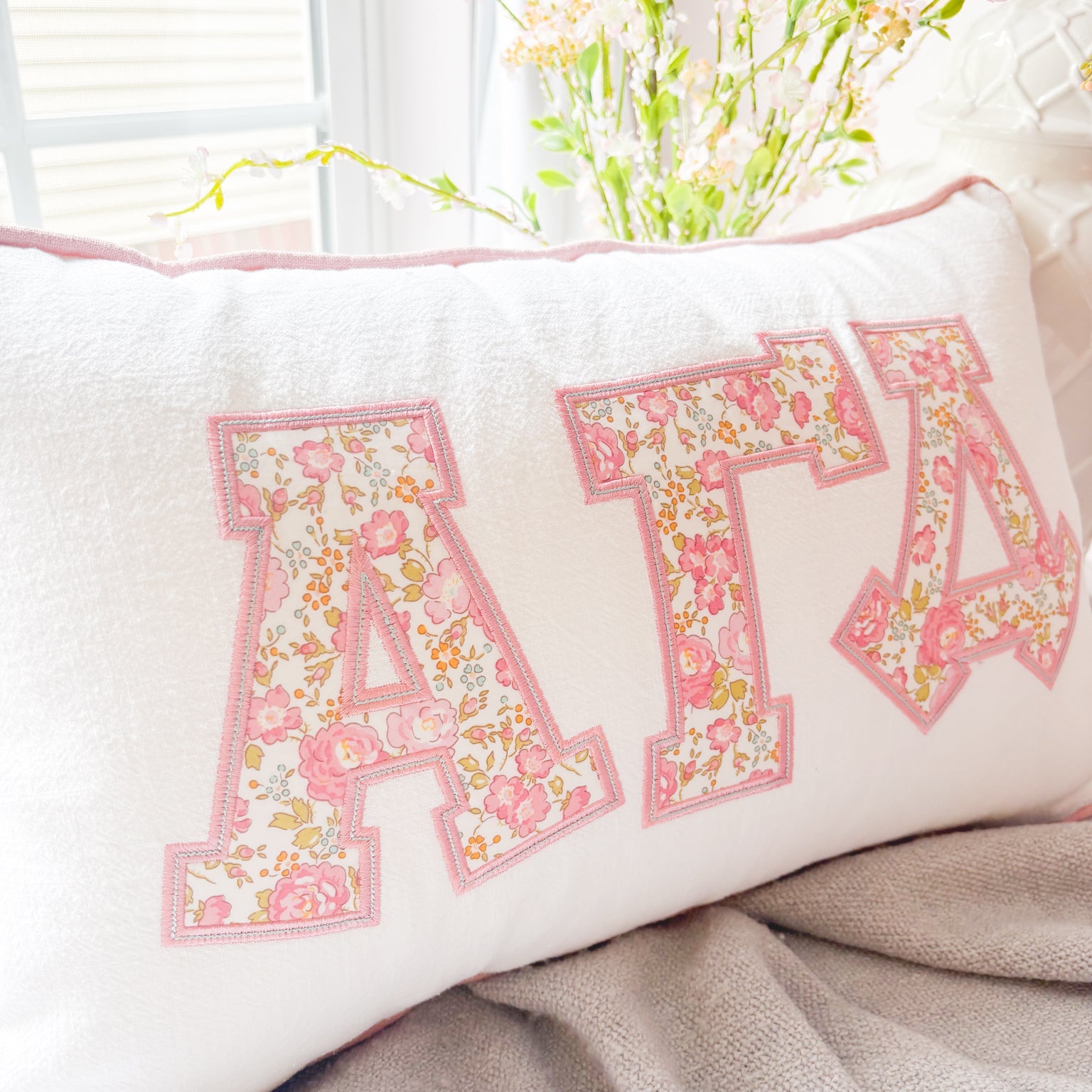 Felicite Honey Floral Greek Applique Pillow