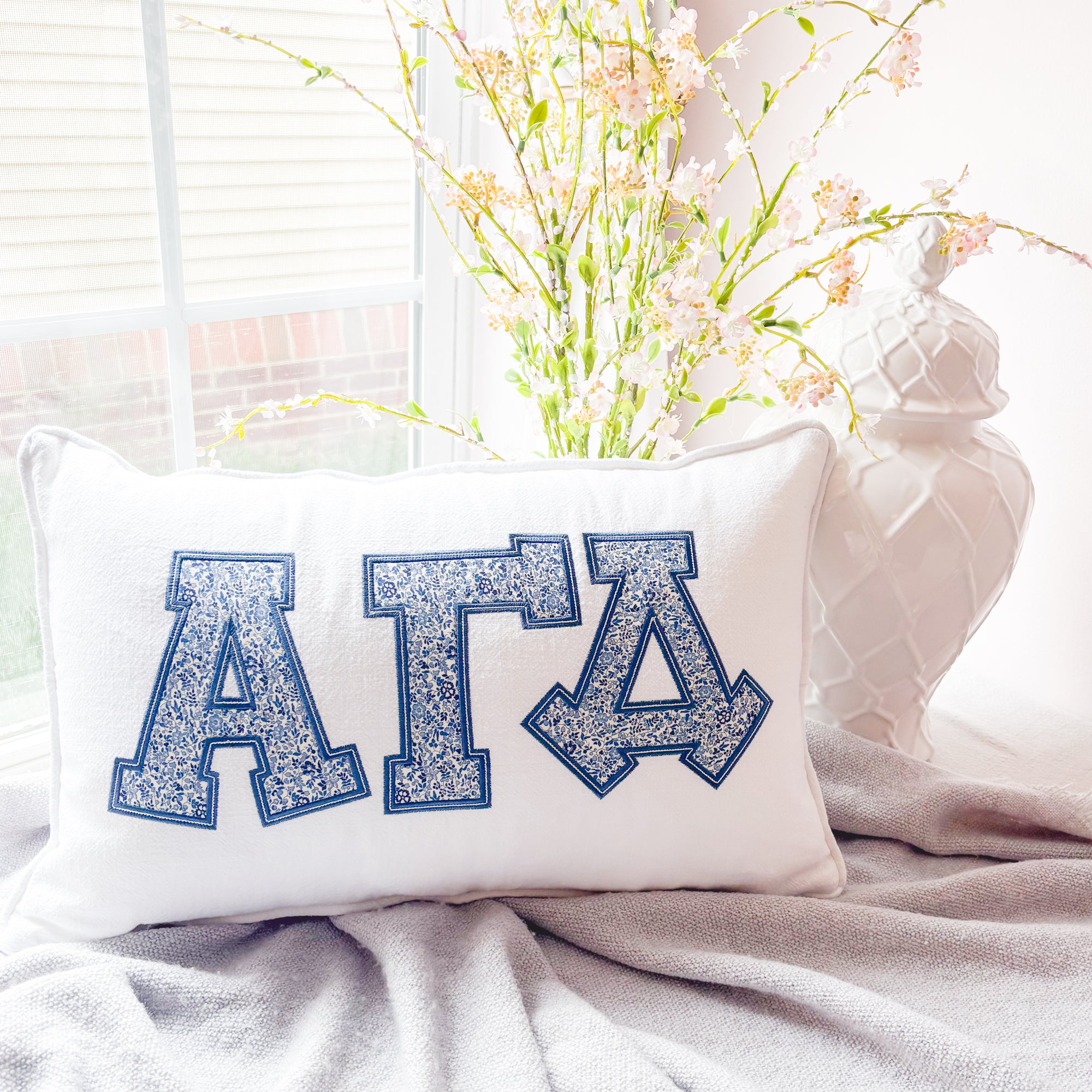 Katie & Millie Navy Floral Greek Applique Pillow