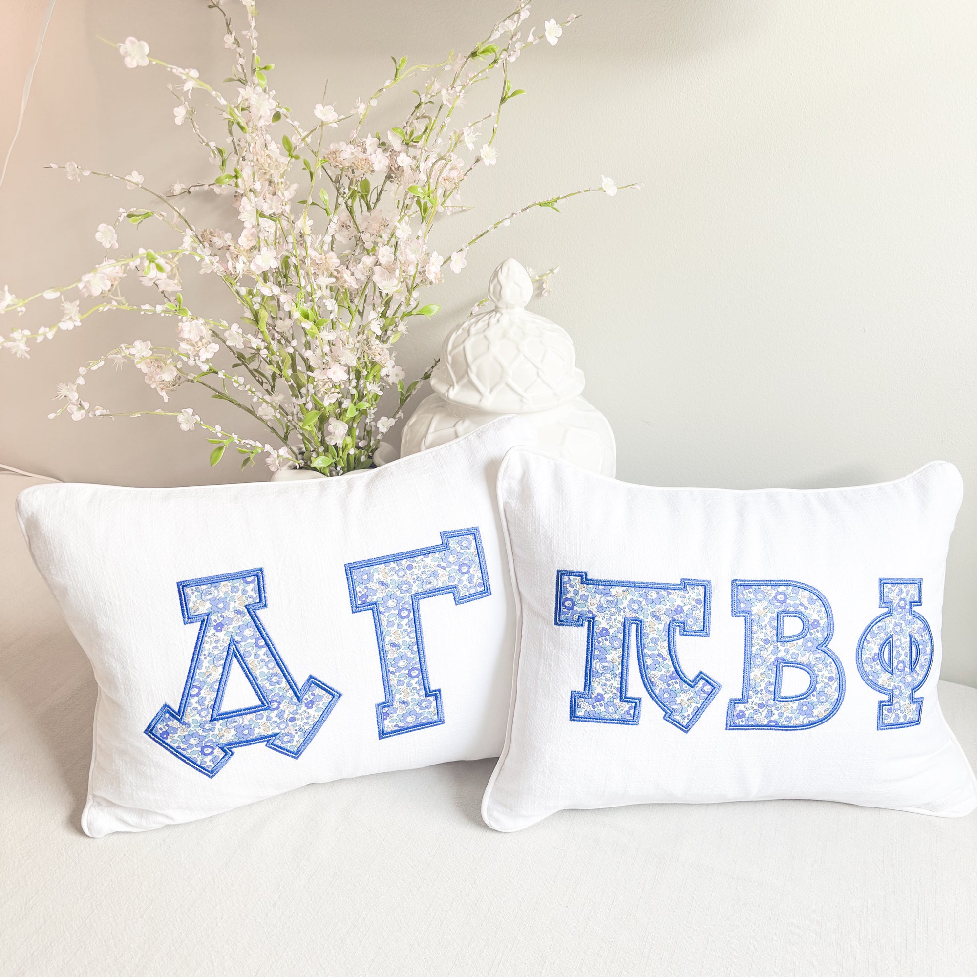 Betsy Blue Floral Greek Applique Pillow