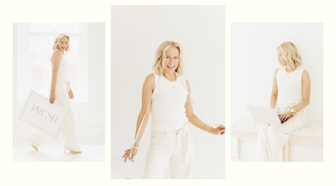 Collage of Lily, Owner of Presh, holding Presh sign, smiling at camera, and working at her computer