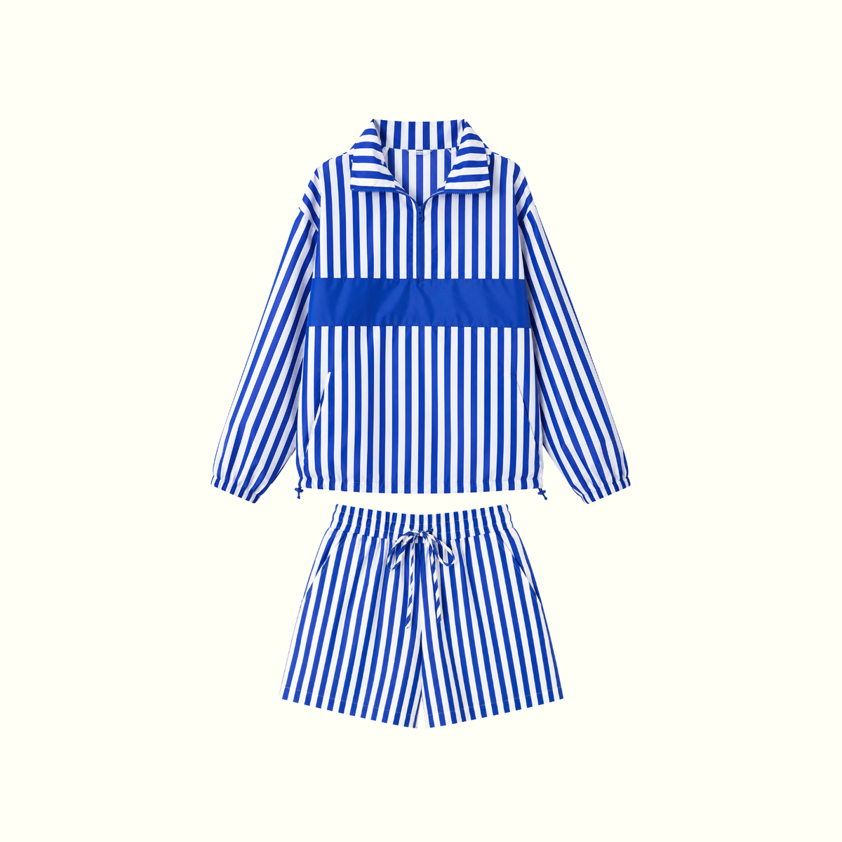 Drawstring Turtleneck Jacket & Striped Shorts Set